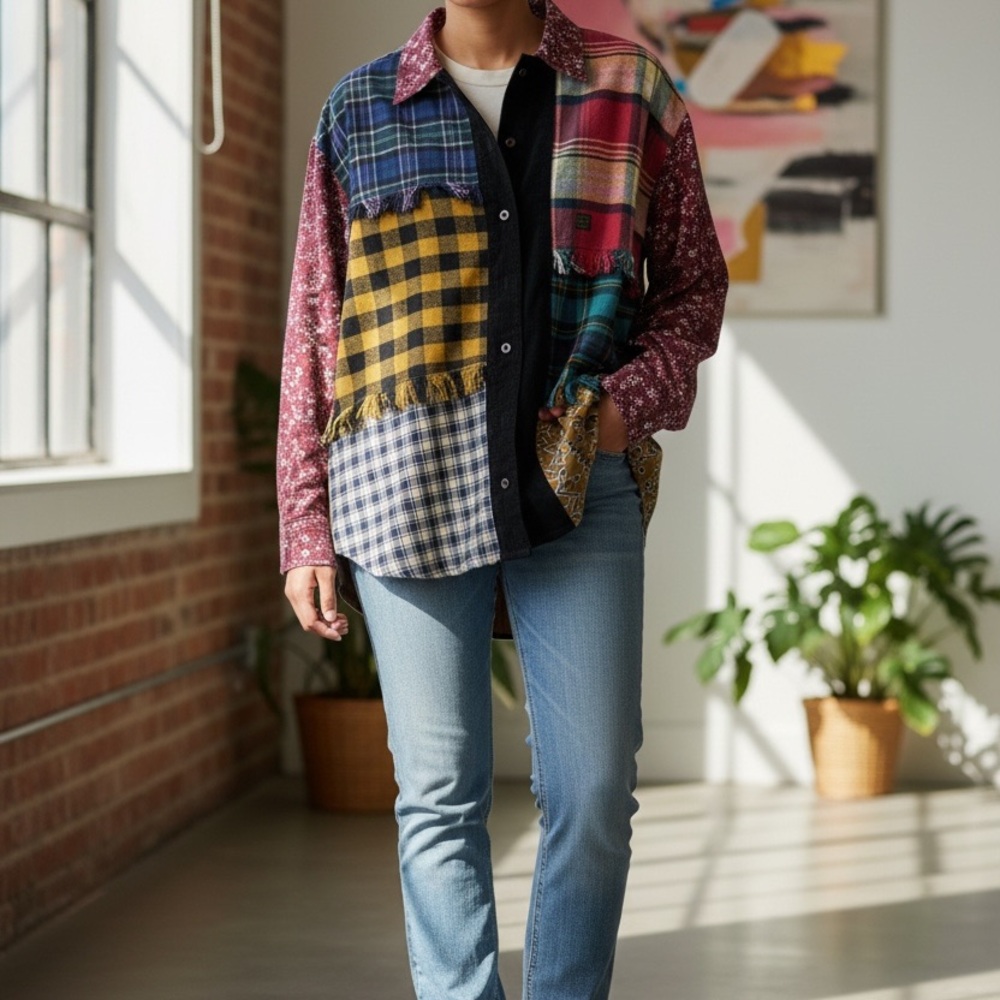 Patchwork Button Down Shirt - Multicolor - image 5